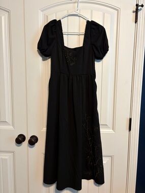 Black Puff Sleeve Midi Dress with Subtle Embroidery